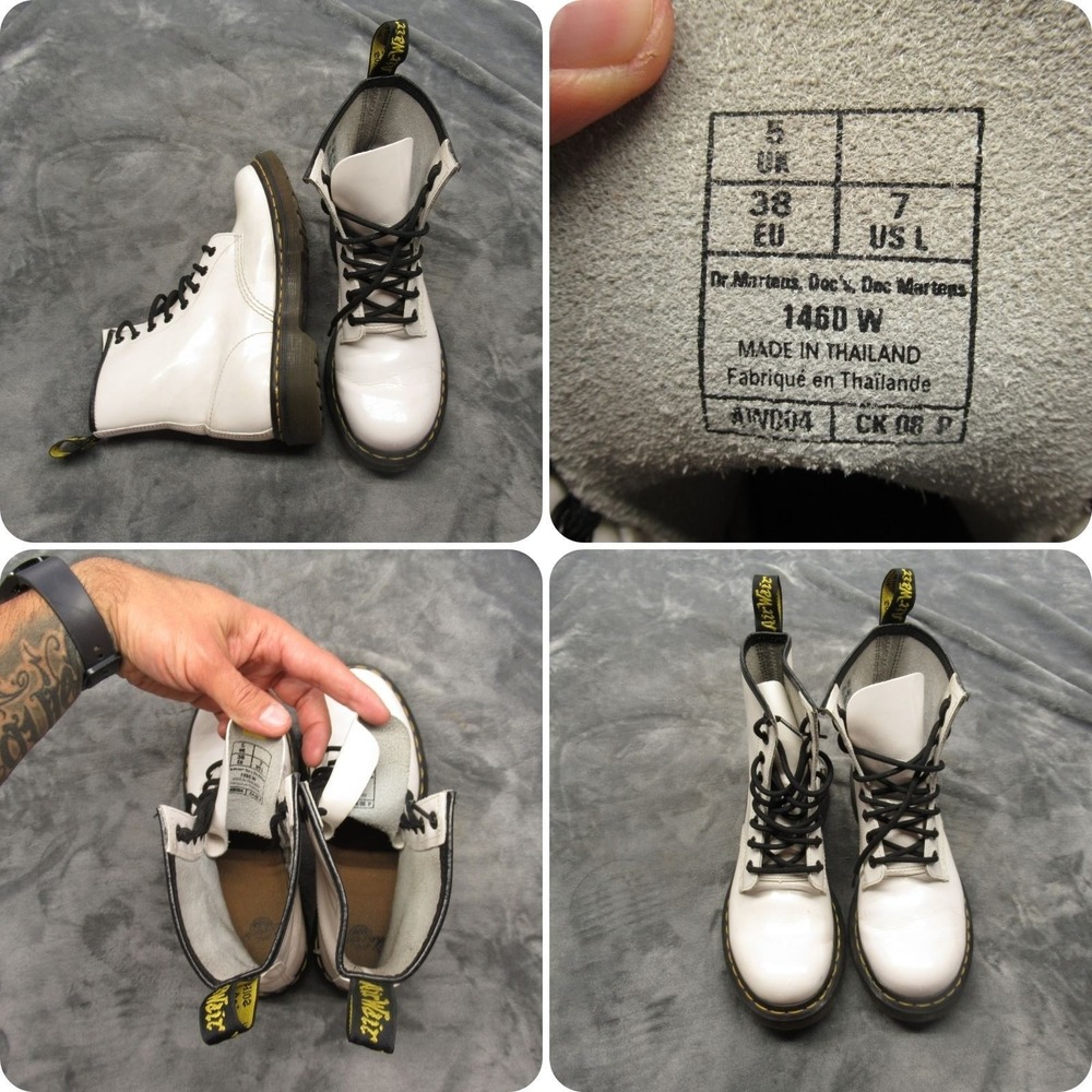 Dr Martens Women 7 Combat Boots White Patent Leather Lace Up Airwair Chunky 1460